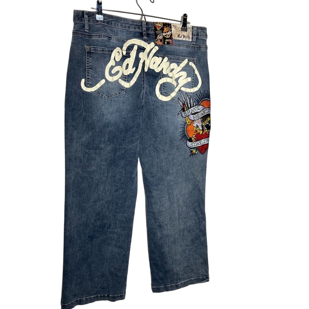 ED HARDY Y2K JEANS wide leg women's embellished denim brave‎ hearts new size 34